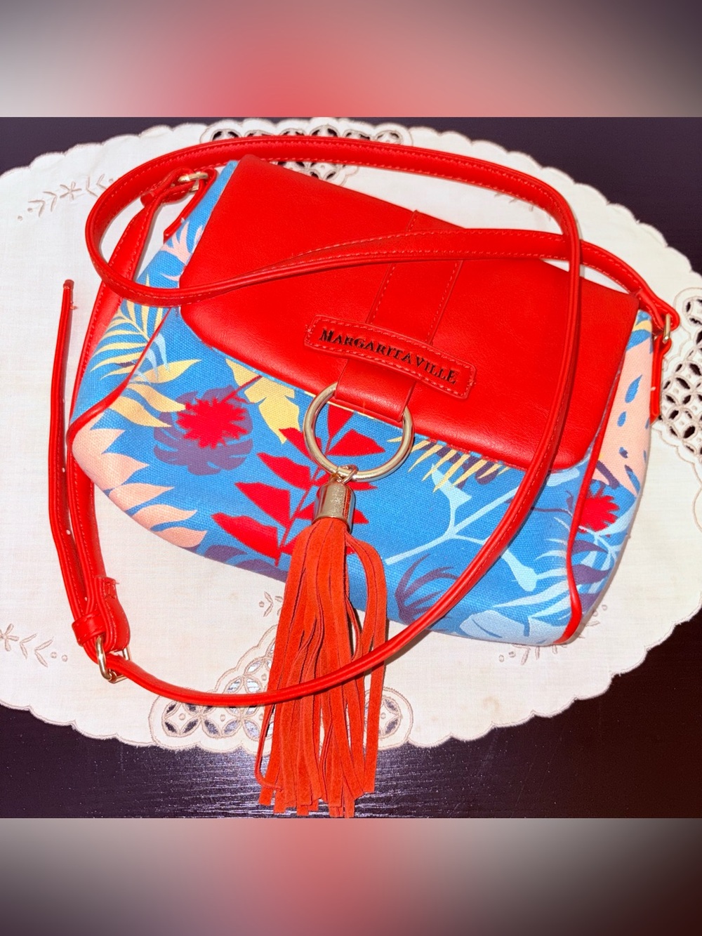 Margaritaville Tropical Floral Crossbody Purse Red Blue Tassel Adjustable Strap